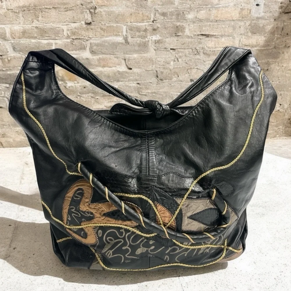 VTG Black Genuine Leather Patchwork Hobo Bag Boho Slouchy Shoulder Purse